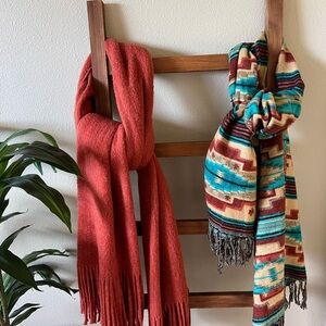 Lot of TWO Anthropologie Rust Red Scarf & Southwestern Pattern Scarf